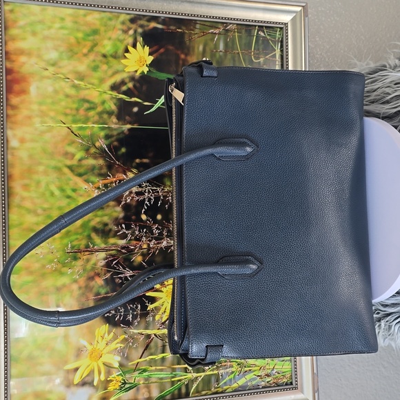 Furla Leather Shoulder Tote Dusty Blue Black Gold Logo 14x10 Excellent - Picture 3 of 13